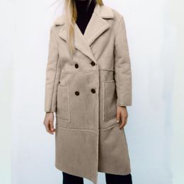 Women's Wool Blends Winter Women Thick Warm Long Suede Parka Trench Faux Shearling Sheepskin Leather Lamb Fur Coat Vintage Female Overcoat Outwear 230922