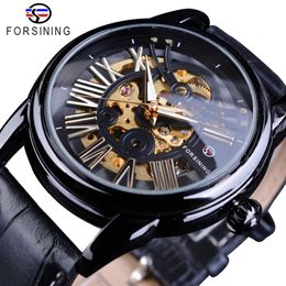 Forsining Black Bezel Roman Retro Men Automatic Watch Top Brand Luxury Automatic Fashion Skeleton Gear Gold Movement Wristwatch264q