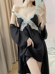 Women's Sleepwear V-Neck Bride Bathrobe Gown Suit Women Kimono Robe Set Sexy Nightsuits Lace Applique Nightgown Loungewear