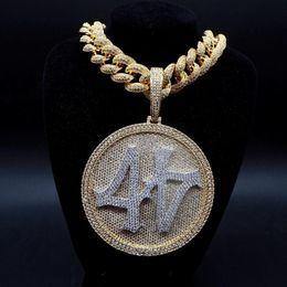 Super Iced Out Big Round Spinner Number 44 Pendant Necklace Gold Plated Full CZ Mens Hip Hop Bling Jewellery Gift244A