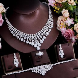 Necklace Earrings Set Golden Naiya Super Luxury Tassel Water Drop CZ Big Wedding Bridal Earring 4 Pcs Nigerian Dubai Jewellery For Women