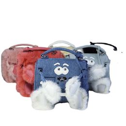 Winter Fluffy Cartoon Crossbody Bag Fashion New Japanese Korean Monster Eyes Smiling Face Eyebrow Handbag True Rabbit Hair Oblique Shoulder Handheld Women Bag