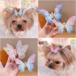 Dog Apparel Butterfly Hairpin Moving Gradient Hair Clip Pet ThreeDimensional Barrettes Pearl Accessories 230923
