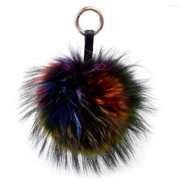 Keychains LFPU Colorful 15CM Fluffy Genuine Raccoon Fur Keychain Women Bag Pendant Ball Keyring Handbag Pompom Jewelry