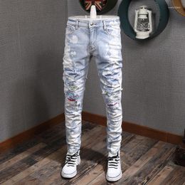 Men's Jeans Street Fashion Men Retro Light Blue Stretch Skinny Fit Painted Ripped Beading Patch Designer Hip Hop Brand Pants