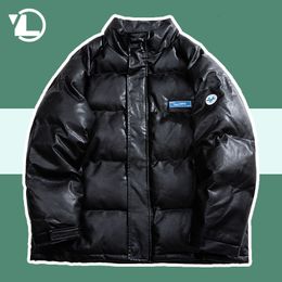 Men's Down Parkas Hip Hop PU Leather Men High Street Thickend Warm Padded Jackets Unisex Winter Harajuku Oversized Bubble Outwear Coats 230922