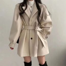 Women's Wool Blends Casual Warm MidLength Woollen Coat Autumn Winter Fashion Loose Women Navy Collar Blend Jacket Female Overcoat H3323 230922