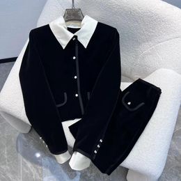 2023 Fashion Women's Tracksuit Set - High Quality Black Velvet 2 Piece Outfit with Patchwork White Lapel Cuffs Jacket and Shorts Suit