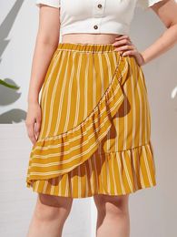 Skirts Plus Size Elegant Summer Ruffle Trim Midi Skirt Women Causal Orange Elastic Waist Stripe Skirt Large Size Women Clothing 5XL 6XL 230923