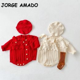 Clothing Sets Spring Autumn Baby Girl Boy 2pcs Set Red Apricot Handmade Ball Knitted Cardigan TopStrap Bodysuit born Clothes E86041 230923