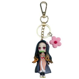 Keychains Anime Demon Slayer Keychain Cute Brinco Blade Of Ghost PVC Key Chain Kamado Tanjirou Cosplay Pompom Yaiba Keyring Pendan210t