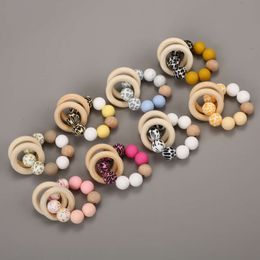 Baby Beech Wood Teething Double Rings Leopard Print Silicone Round Beads Bracelet For Nursing Baby Teether Rattle Toys BPA Free