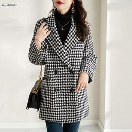 Women's Wool Blends Plaid Woollen Coat Women's Autumn And Winter Fashion High-quality Woollen Mid-length Jacket Overcoat Women Clothing 230922