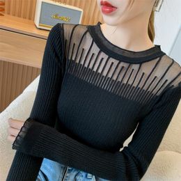 Women's Sweaters 2023 Autumn Winter Fashion For Women Round Collar Solid Colour Slim Fit Pullovers Mesh Spliced Knit Clothes 29225