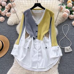 Women's Blouses Autumn Office Lady Chic V-Neck Patchwork Knitting Shirt Spring Long Sleeve Single-Breasted Black Tops