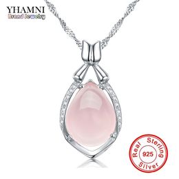 YHAMNI Luxury Solid 925 Sterling Silver Pink Gem Crystal Pendant Necklace Natural Stone Water Drop Necklace For Women DZ056330b