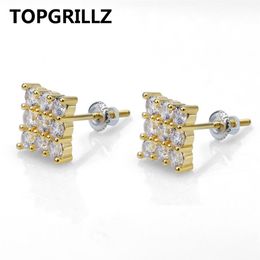 TOPGRILLZ Hip Hop 3Row Cubic Zircon Square Stud Earrings Men Women Jewelry Gold Silver Color CZ Earring With Screw Back Buckle231G