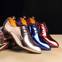 Men's Fashion Party Shoes British Pointed-toe Shiny Leather Mens Lace-Up Dress Business Office Shoes Men Wedding Oxfords Flats For Boys Party Boots