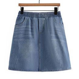 Skirts Plus Size Women Denim Skirts Oversized Curve Clothes Elastic High Waist Above Knee A-Line Bottoms Summer 230923