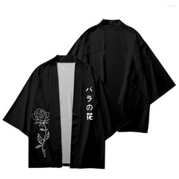 Ethnic Clothing Japanese Rose Flower Printed Black Traditional Kimono Cosplay Cardigan Haori Beach Yukata Streetwear Women Men Shirts