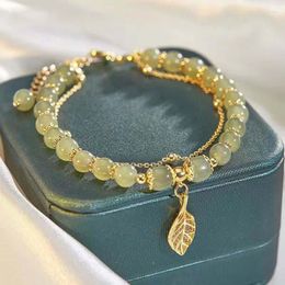 Link Bracelets Chinese Style Green Hetian Jade Bracelet For Women Vintage Gold Colour Leaves Double Layer Beaded Jewellery Gifts