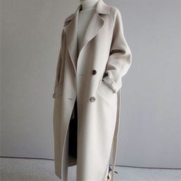 Women's Wool Blends In The Winter of 2023 Medium and Long Beige Woollen Coat with Waistclosing Harajuku Style Is Over Knee 230922