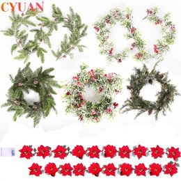 Christmas Decorations Garlands Pine Cone Rattan Wreath With Red Berry Poinsettia Flowers Vine for Xmas Year Home Fireplace Wall Decor 230923