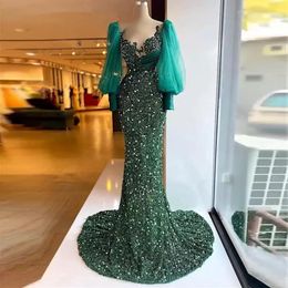 Elegant Mint Green Mermaid Prom Dresses sequined Scoop Neck Full long Sleeves Long Evening Party Gowns With Crystal vestidos de fiesta