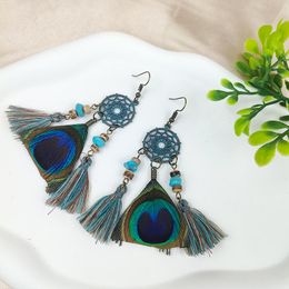 S3804 Bohemina Ethnic Tribe Natural Feather Earrings Retro Dreamcatcher Tassels Peacock Feather Dangle Earrings