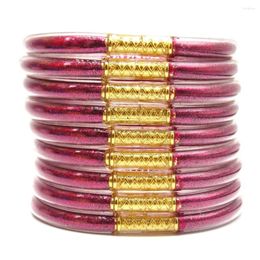 Bangle 9Pcs/Set Arrival Rose Red Fashion Bracelets Set For Women Children All Weather Stack Silica Gel Filled Glitter Jelly Bracele