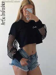 Women's Hoodies Sweatshirts Black Cropped Sweatshirt Long Sleeve Top Women Hoodies Hooded 2023 Streetwear Kpop Harajuku Hoodie Crop Tops Mesh Hoody Clothes T230923