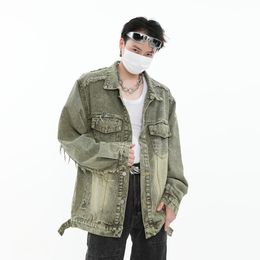 Men's Jackets Vintage Washed Destroyed Jeans Jackets for Men Raw Edge Ripped Distressed Denim Jackets Coats Street Wear Oversize Male Clothing 230922