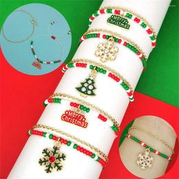 Strand 2pcs Fashion Christmas Rice Beaded Bracelet Rhinestone Santa Snowflake Tree Letters Merry Metal Bangles Women Men Birthday Gifts