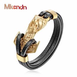 whole MKENDN New Mens Bracelets Gold Leo Lion Stainless Steel Anchor Shackles Black Leather Bracelet Men Wristband Fashion Jew236d