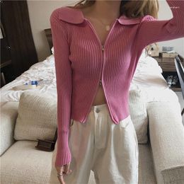 Women's Knits Long Sleeve Women Casual Korean Style Tee Fashion Cardigan Clothes Vintage Office Lady Zippers Turn Down Collar Ropa Mujer Top