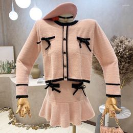 Work Dresses Women's Clothing 2023 Autumn Winter Temperament Mohair 2 Pcs Suit With Skirts Fashion Bow Top Fishtail Skirt Two Piece Set