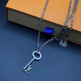 Europe America Fashion Key Pendant Necklace Men Women Lady Silver-colour Metal Engraved V Initials Stainless Steel Sweater chain M2451
