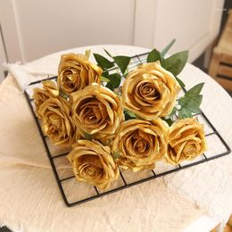 Decorative Flowers 10/1 Heads Golden Silver Rose Artificial Flower DIY Wedding Floral Arrangement Material Silk Bridal Bouquet Po Prop Home