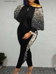 Women's Two Piece Pants LW Plus Size Lantern Sleeve Gradient Sequined Skinny Pants Set 2023 Women Autumn Winter High Elasticity 2PC Tracksuits Outfits T230923