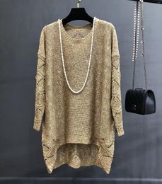 Women's Sweaters Spring And Autumn Loose Large Size Fat Sister Hollowed Out Glitter Long Knit Lady's Jumper Gold Thread Sweater Top