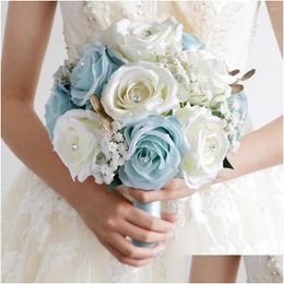 Decorative Flowers Wreaths Holding Artificial Natural Rose Bouquet With Silk Satin Ribbon Pink White Blue Bridesmaid Bridal Party 2023 Dhsjt