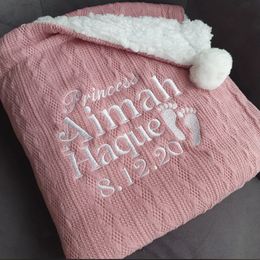 Blankets Personalised Baby Toddler Cable Knit Blanket Embroidered with name or Birth Date Pom Feature and Sherpa Fleece Backing 230923