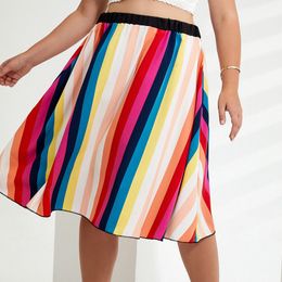 Skirts Plus Size Floral Print Summer Casual Skirt Rainbow Stripe A-line Midi Skirt Elastic Waist Female Large Size Boho Swing Skirt 6XL 230923