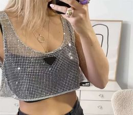 T Badge Shirt Flashing Rhinestone Camisole Womens Clothing P Letter Halter Women Clothing Crystal Halter Two-piece Cutout Midriff Vest Casual Fashion Tops