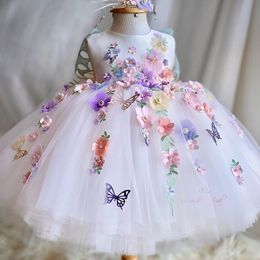 White Lace Flower For Wedding 3D Flowers Pearls Sheer Neck Crystals Ball Gown Little Girl Embroidered Butterfly Dresses Cheap Communion Pageant Gowns 403