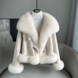 Womens Fur Faux s AutumnWinter Slim Large Collar Coat Goose Down Inner High Quality Warm Fluffy Big Short Suede 230922