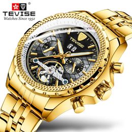 Luxury Brand watch TEVISE Gold Black Stailness steel Automatic Men Watch Men Multifunction Waterproof Clock Relogio Masculino194v