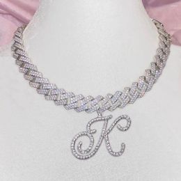 Chains Men Women Bling Cursive Letters Necklace Iced Out 14MM Prong Cuban Link Chain 2 Row Rhinestones Choker Hiphop Jewellery