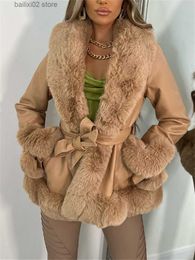 Women's Fur Faux Fur wsevypo Furry Trim Patchwork PU Leather Jackets Women Fashion Contrast Colour Plush Collar Warm Cardigan with Belt Warm Outwear T230923