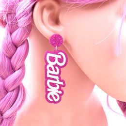 Fashion Barbies Earring Studs Hot Pink Acrylic Glitter B Letter Cute Kawaii Anime Drop Earrings Love Girls Street Party Jewelry Accessories for Women Gifts